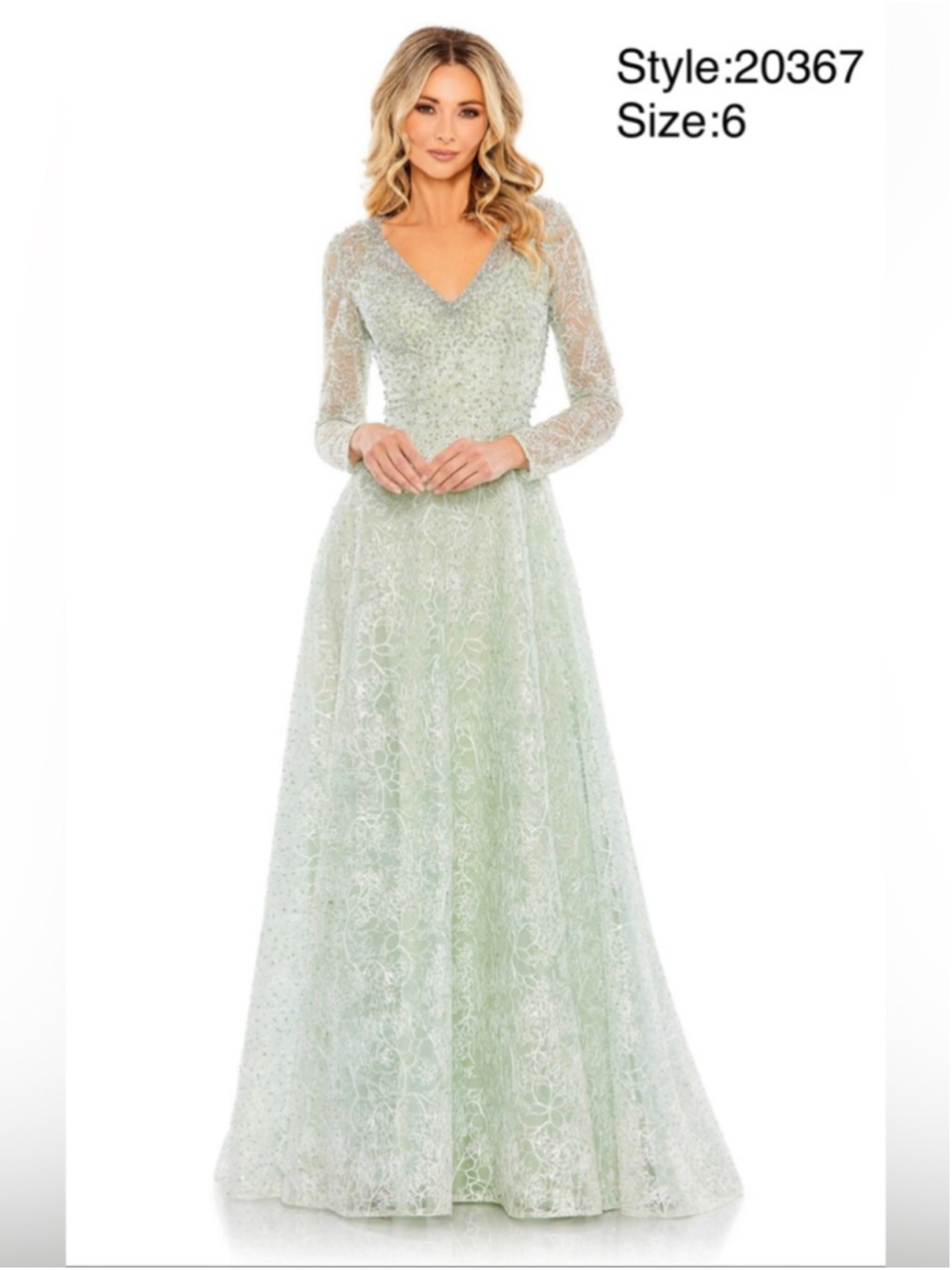 Mac Duggal Pale Green Long Sleeve V-Neck Lace Evening Gown